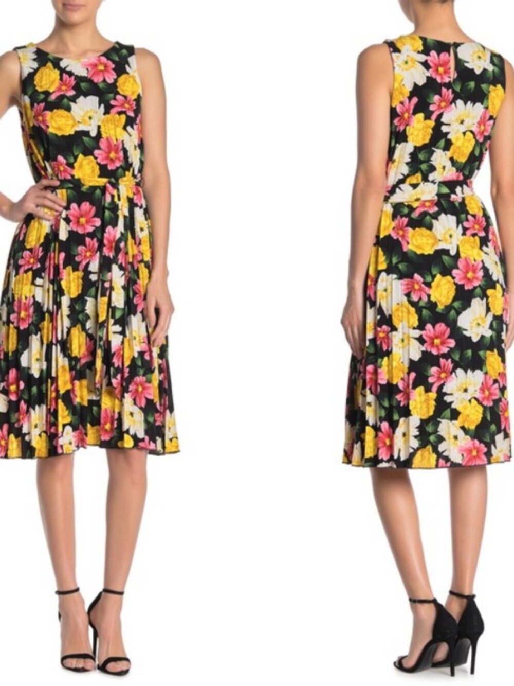 T Tahari Floral Printed Pleated Belted Dress L